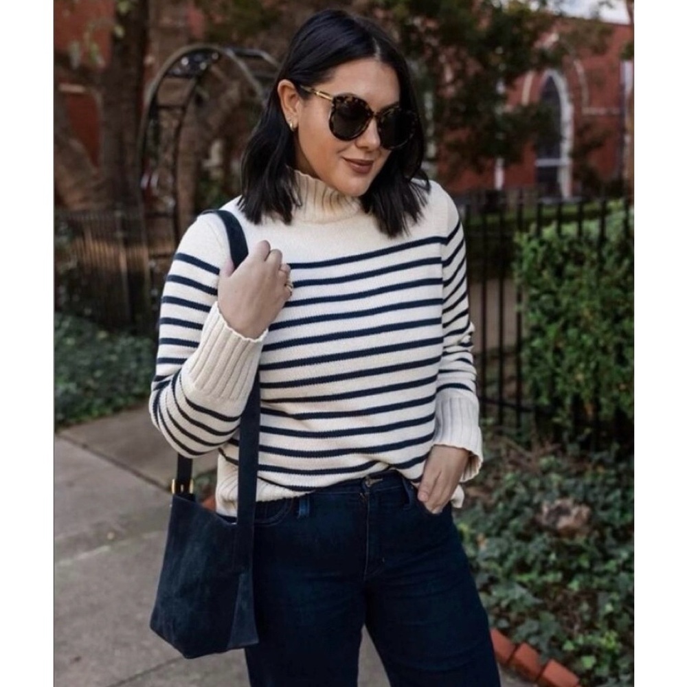 J. Crew Cotton Turtleneck Sweater Black & White Stripe Size XS Preppy Fall
